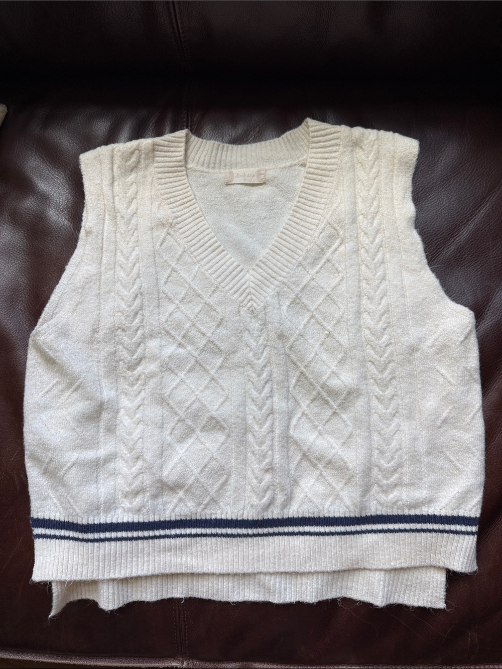 Altar'd State Cream Cable-Knit V-Neck Tank with Navy Hem Stripe